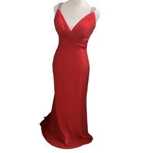 La Femme Red Evening Gown With Rhinestone Straps & Cutout Back Size 2